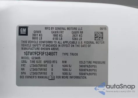 2015 GMC Savana 2500 Work Van z USA, uszkodzony, nr VIN 1GTW7FCF0F1246977